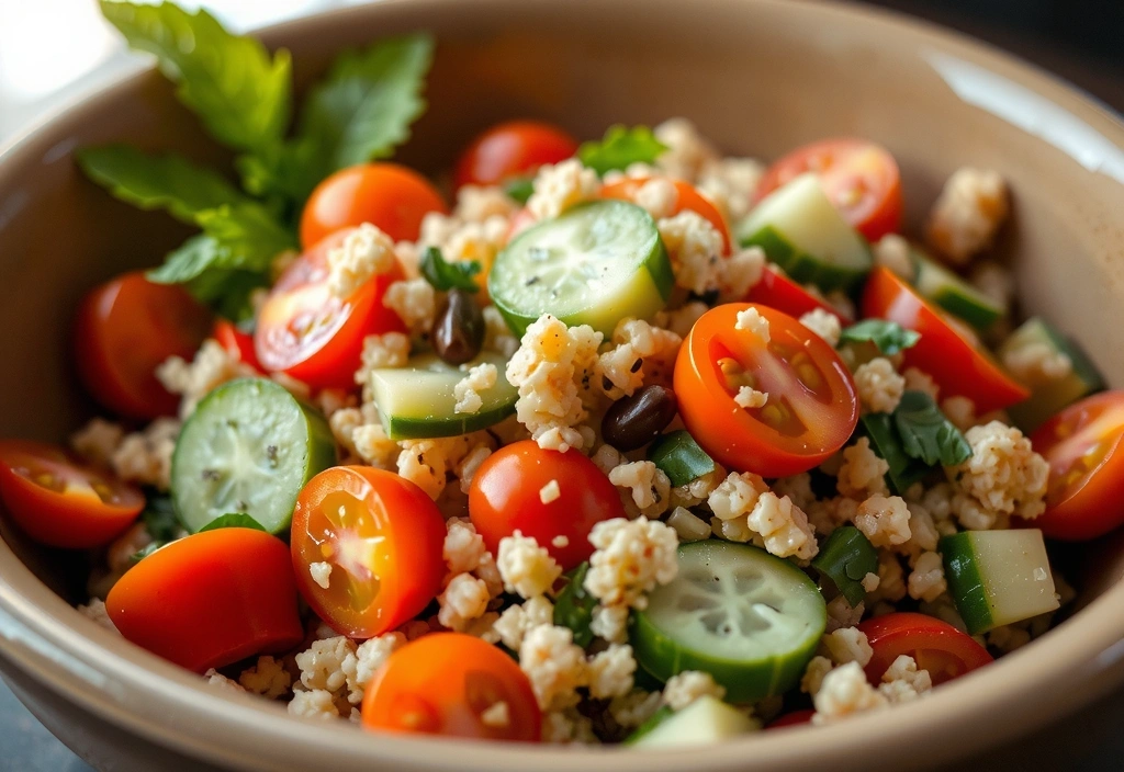 Ein bunter Quinoa-Salat mit frischem Gemüse und Kräutern in einer ansprechenden Schüssel.