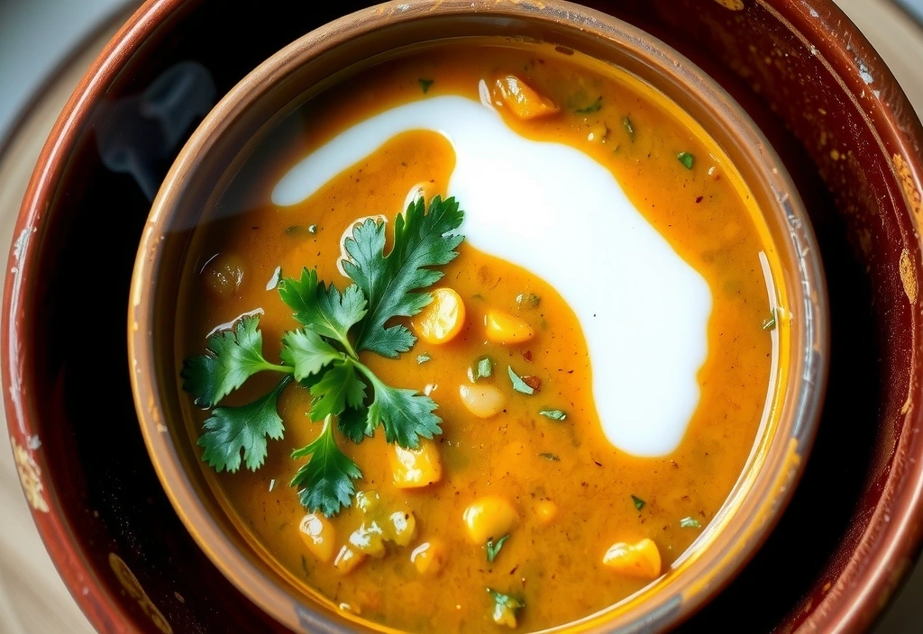 Gesunde Linsen-Curry-Suppe mit Kokosmilch, garniert mit frischen Kräutern.