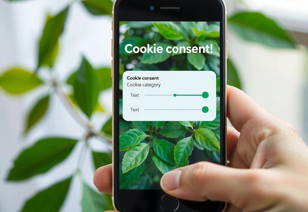 Eine Hand hält ein Smartphone mit Cookie-Einstellungen und einem Schieberegler für Datenschutz