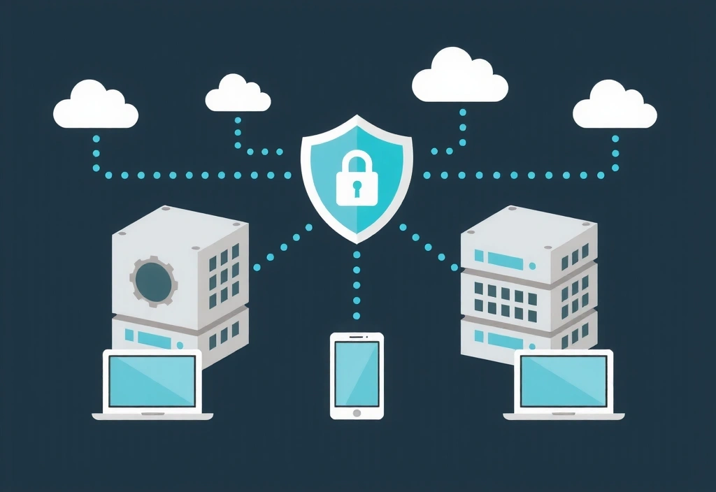 Stilisierte Darstellung von Daten, die sicher zwischen verschiedenen Servern und Geräten fließen, mit einem Schutzschild-Symbol.