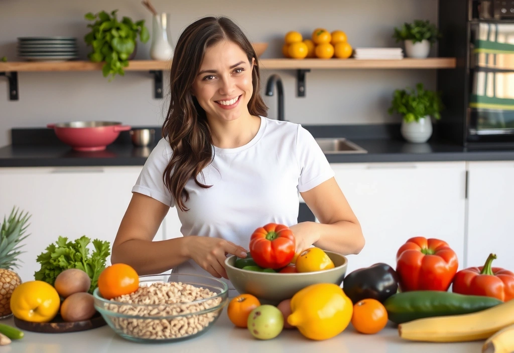 Eine Frau lächelt, während sie eine gesunde Mahlzeit zubereitet, umgeben von frischem Gemüse und Obst.