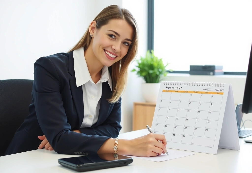 Eine Frau, die in einem Kalender einen Termin einträgt, lächelt und hält einen Stift